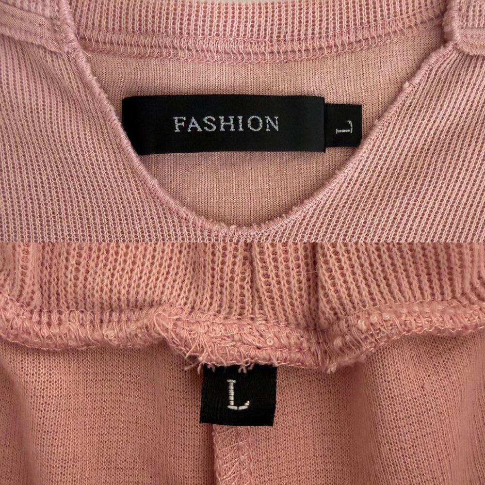 Dusty Pink Ribbed Long Sleeve 2 Piece Top & Drawstring Shorts Pajama Set - Picture 8 of 8